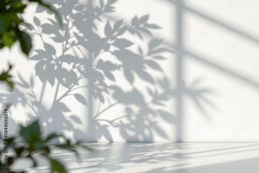 light background with blurred foliage shadows on white wall and smooth floor, ideal for calm and clean product layouts.
