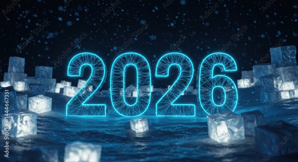 Obraz premium Glowing 2026 New Year s Eve Design with Ice Cubes and Snowflakes