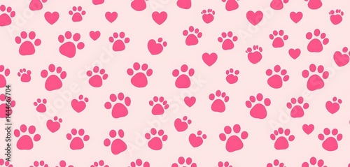 Pink seamless pattern of cute cat paw prints with hearts, background, vector