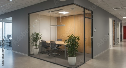 Modern office space with glass enclosed conference room and hallway with multiple office entrances