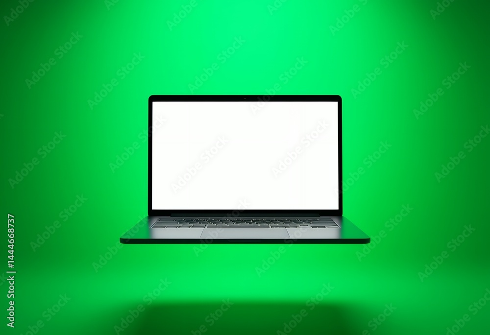 Sleek Modern Laptop with Blank Screen on Vivid Green Background for Design Insertion Sleek Modern Laptop with Blank Screen on Vivid Green Background for Design Insertion
