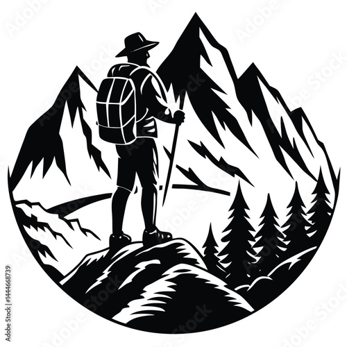 Hiker Silhouette with Mountains, Trees, Backpack, Hat and Walking Stick in Circular Shape