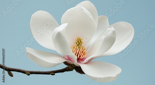 Blooming Magnolia Flower on Branch Against Light Blue Background
