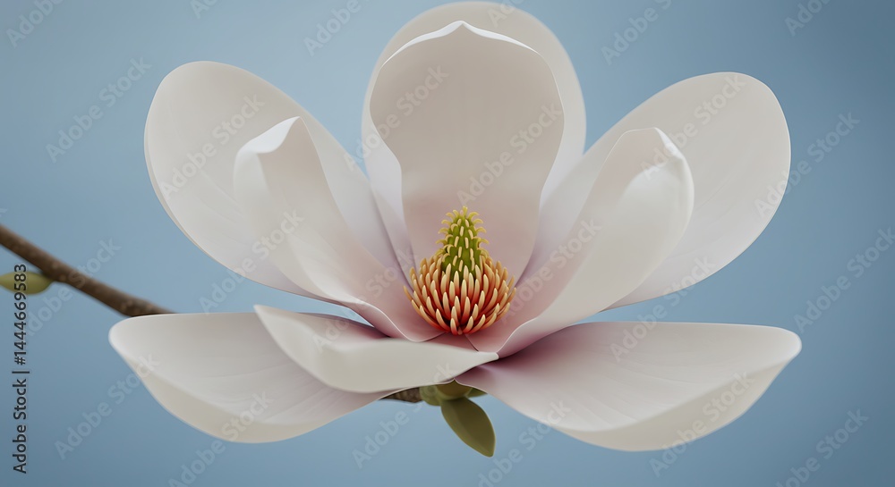 Obraz premium Blooming White Flower Closeup on Light Blue Background