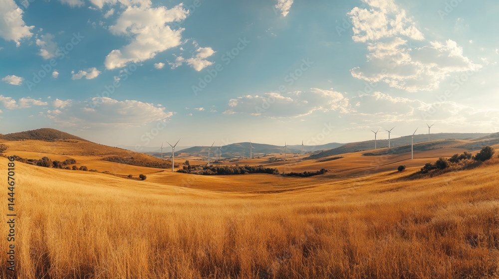 Obraz premium Golden landscape with distant wind turbines