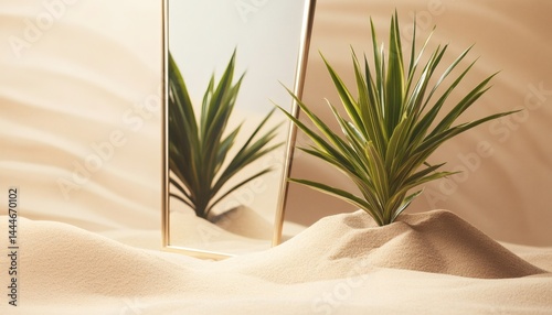 Reflective desert scene with a plant and a mirror.