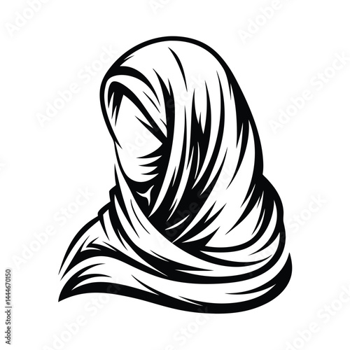 Minimalist Silhouette Arabian Woman in Hijab, Traditional Dress, Islamic, Black & White