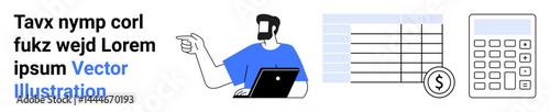 Professional discussing data trends with a laptop, a financial table, and a calculator for budgeting, accounting, or education. Ideal for finance, analysis, business, education planning training