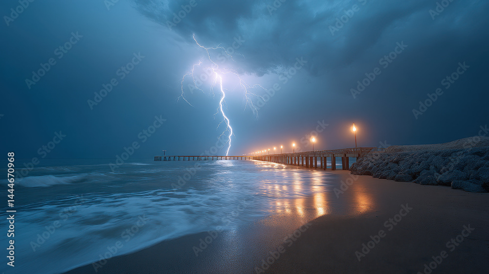 Dramatic Lightning Strike Over Coastal Pier at Night