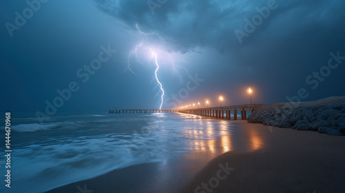 Obraz na płótnie Dramatic Lightning Strike Over Coastal Pier at Night w salonie