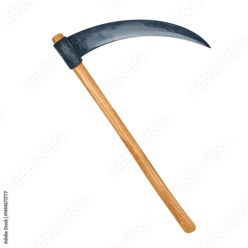 Watercolor Illustration of Scythe, Isolated on Transparent Background