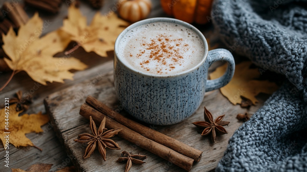 Cozy autumnal latte with spices and fall leaves Cozy autumnal latte with spices and fall leaves
