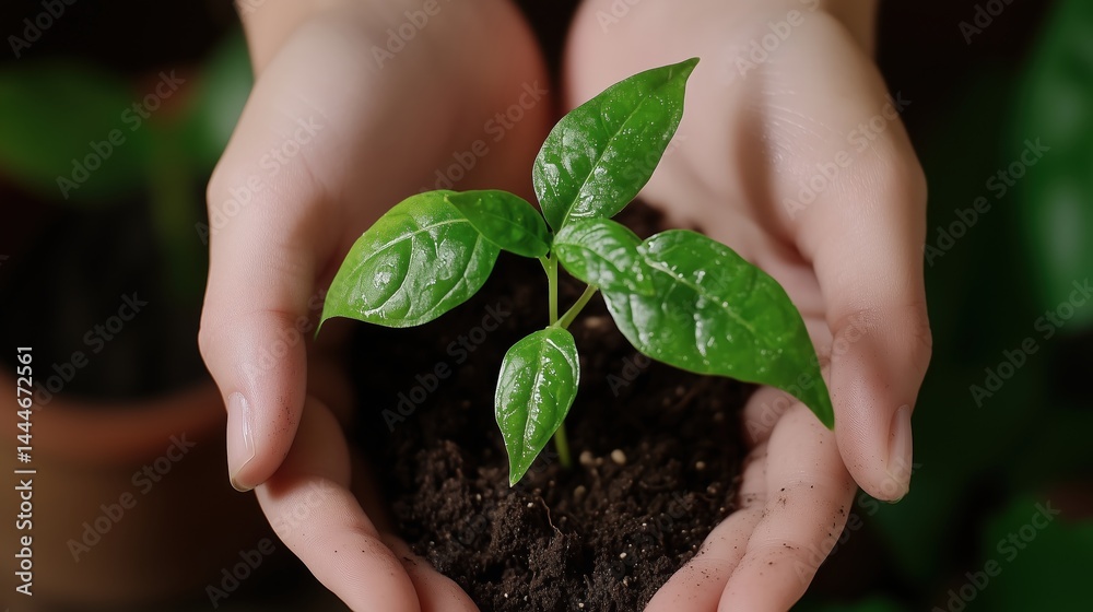 Young Plant with Two Leaves Growing in Hand from Damp Soil