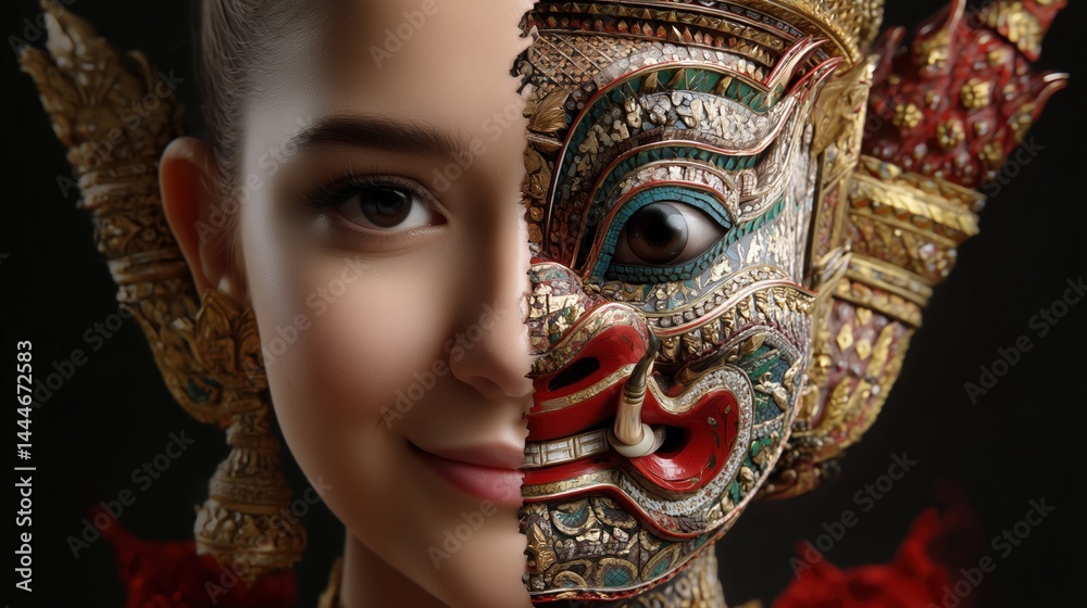 Split Screen Composition of Khon Dancers with Intricate Face Masks