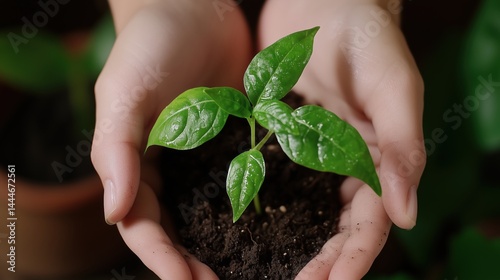 Obraz na płótnie Young Plant with Two Leaves Growing in Hand from Damp Soil w salonie