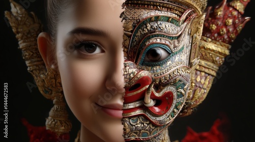 Obraz na płótnie Split Screen Composition of Khon Dancers with Intricate Face Masks w salonie