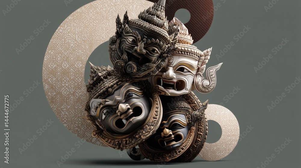 Artistic 3D Composition of Multiple Khon Thai Masks Displaying Details