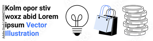 Light bulb symbolizes creativity, shopping bag represents retail or e-commerce, stacked coins imply financial growth. Ideal for business, innovation, startups, shopping, economy, e-commerce flat