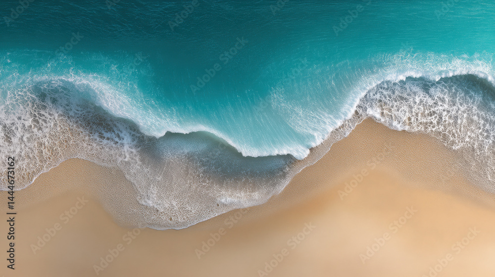 Aerial View of Turquoise Waves on Golden Sand Beach