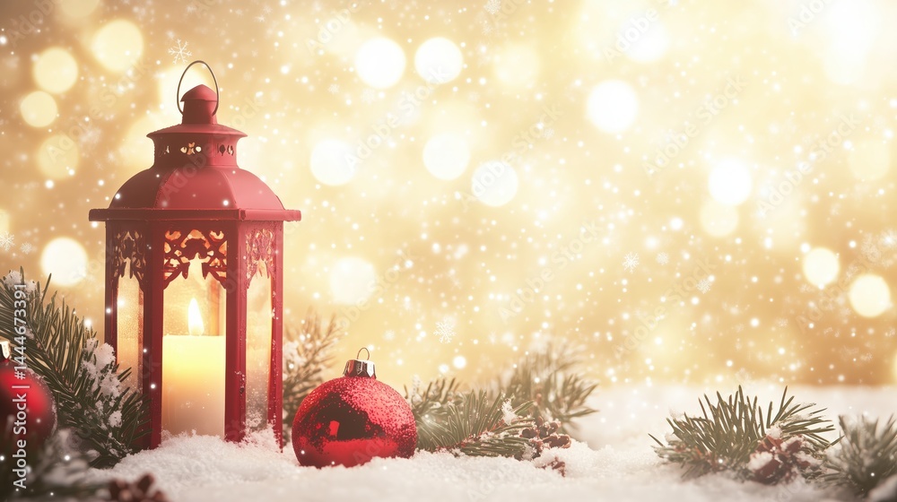 Festive Red Lantern with Candle Amidst Snow and Christmas Decor