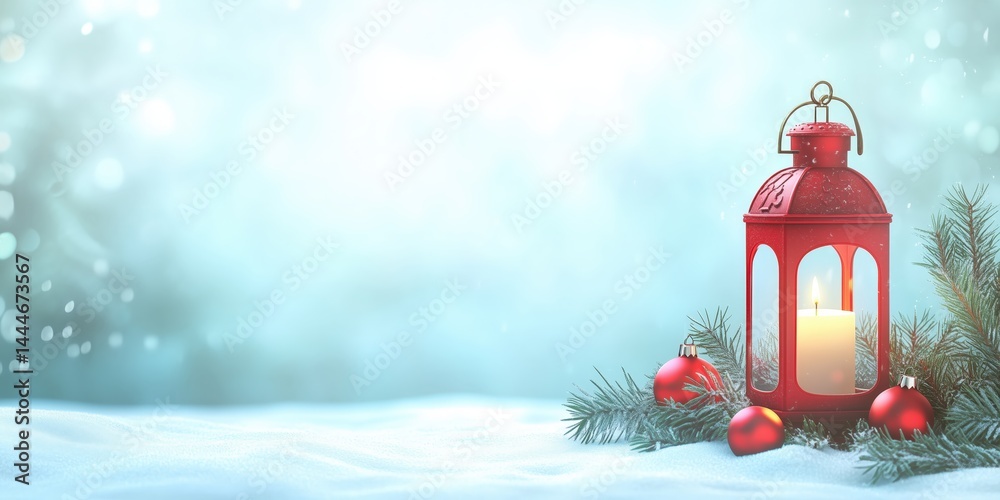 Flickering Candle in Red Lantern Surrounded by Christmas Ornaments