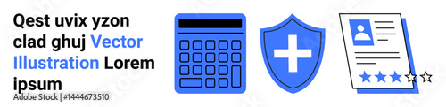 Calculator, shield with cross symbol, and document with rating reinforce themes of finance, insurance, healthcare, rating, evaluation, decision-making and forms. Ideal for financial tools and simple