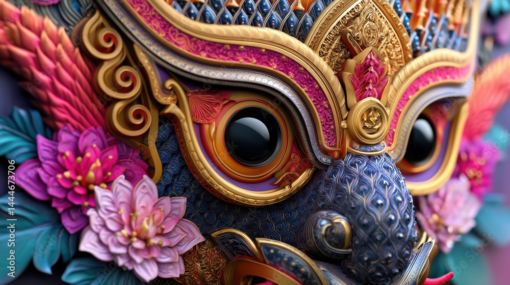 Intricate 3D Thai Khon Mask with Detailed Patterns and Textures