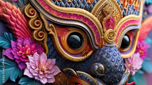Obraz na płótnie Intricate 3D Thai Khon Mask with Detailed Patterns and Textures w salonie