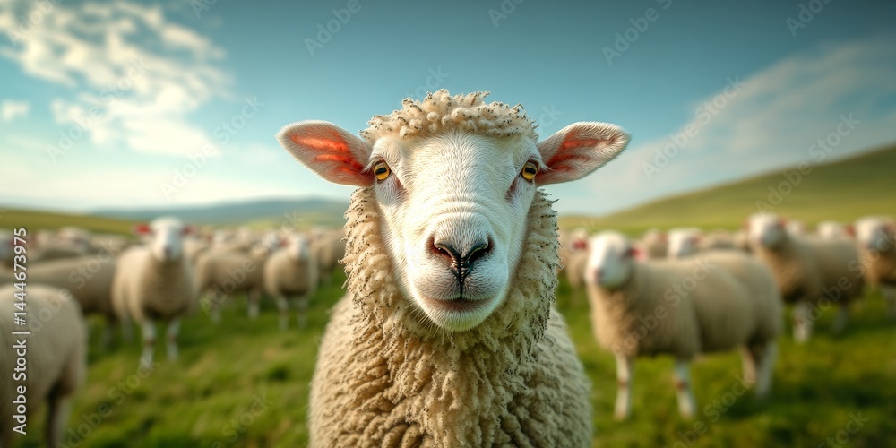 Happy Sheep Grazing on a Farm Field Happy Sheep Grazing on a Farm Field