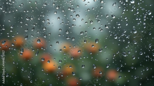 Raindrops cling to a windowpane blur the view of orange flowers and a lush green garden in the soft rain.