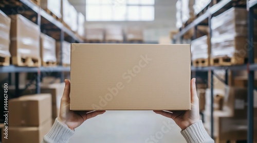 Fototapeta Naklejka Na Ścianę i Meble -  Person holding a blank cardboard box indoors.
