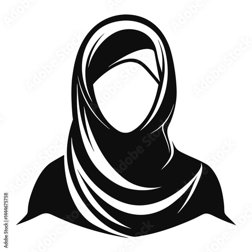 Stylized Silhouette of Woman in Hijab, Elegant Black and White Icon, Islamic Culture