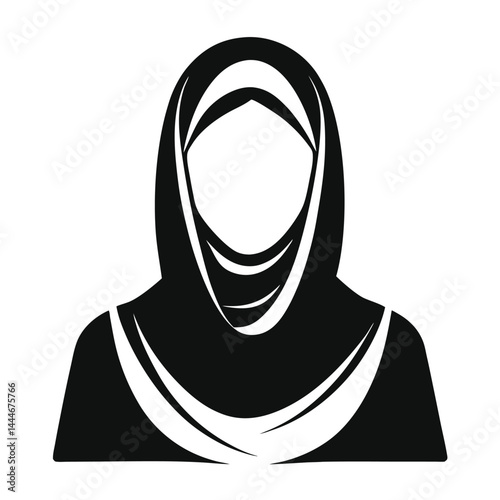 Minimalistic Silhouette of Woman Wearing Hijab, Traditional Islamic Clothing, Black & White