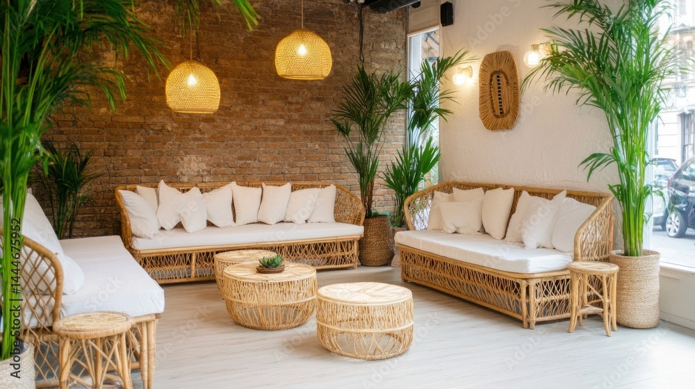 Obraz premium Light-filled interior space with light-colored wicker furniture.