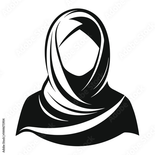 Muslim Woman Silhouette. Minimalist Style Portrait. Black and White Head Covering Icon