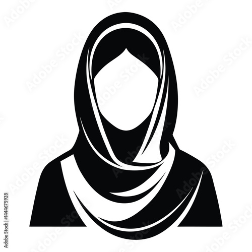 Black and White Silhouette of Woman with Headscarf, Middle Eastern Appearance, Simple