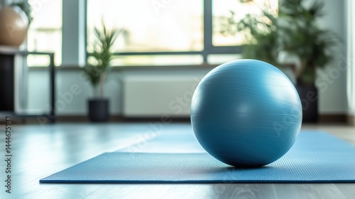 Modern Workout Space with Exercise Ball on Neatly Arranged Mat