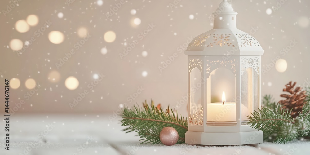 Festive White Lantern with Glowing Candle Surrounded by Greenery