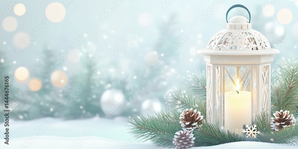 White Lantern with Glowing Candle Surrounded by Greenery and Snow