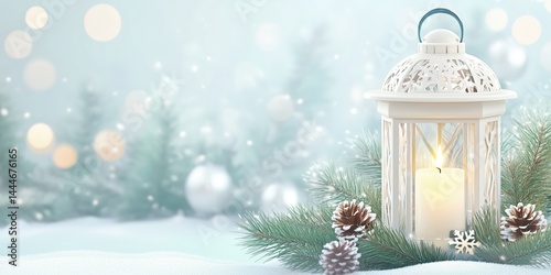 Obraz na płótnie White Lantern with Glowing Candle Surrounded by Greenery and Snow w salonie