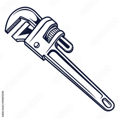 Adjustable Pipe Wrench Illustration, Metal Plumbing Tool, Repair Equipment, Isolated on White