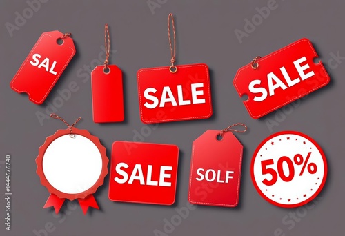 Realistic red price tags, sale badges, discount labels, special offer stickers Vector illustration,  shopping label, special photo