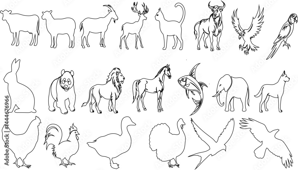 Animal line Vector Set – Pets and Wild Animals Including Cat, Dog, Lion, Rooster, Hen, Cow, Elephant, Panda, Fish, Horse, Turkey, Pig, Bull, and More Animal line Vector Set – Pets and Wild Animals Including Cat, Dog, Lion, Rooster, Hen, Cow, Elephant, Panda, Fish, Horse, Turkey, Pig, Bull, and More
