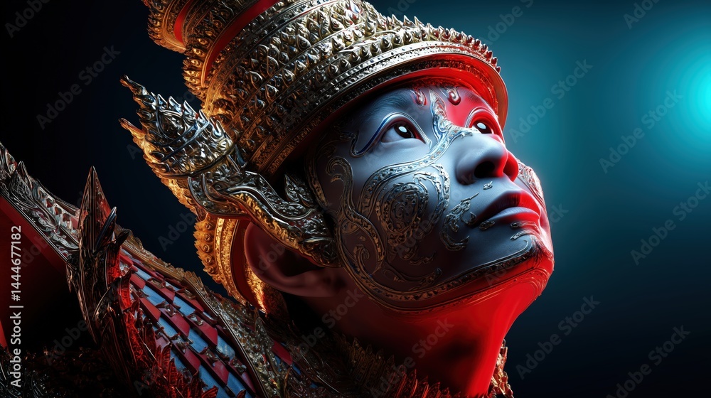 Low Angle 3D Render of Khon Thai Performer Looking Upward