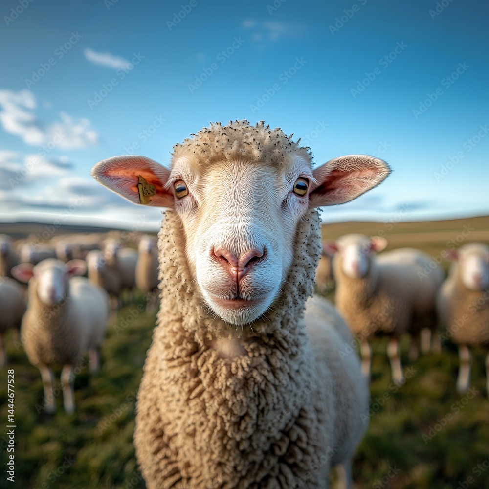 Fototapeta premium Curious Sheep on a Countryside Farm with Peaceful Background
