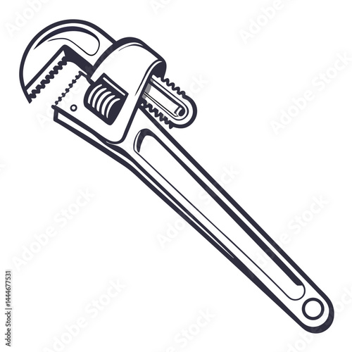 Adjustable Pipe Wrench Illustration, Black & White Tool Design on White Background, Isolated