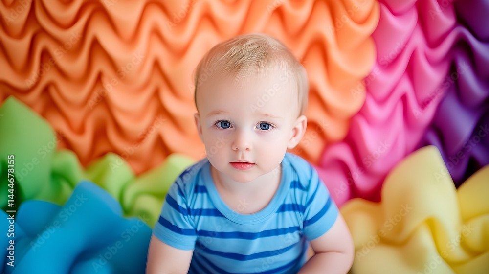 Obraz premium Young child with autism sitting calmly on textured sensory mat surrounded by soft foam blocks in muted colors, focused expression. Autism awareness, sensory play and learning, inclusive education conc