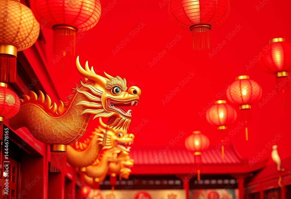 Fototapeta premium Red background, golden dragon lanterns hanging, festive Asian celebration, ample empty space, graphic, space