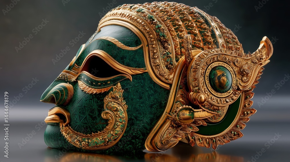 3D Profile View of Traditional Khon Thai Mask with Golden Trim