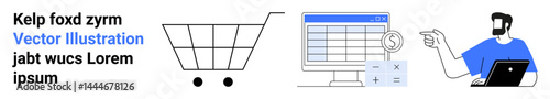 Shopping cart, financial spreadsheet with currency symbol, and laptop user reviewing data. Ideal for e-commerce, budgeting, online retail, finance, technology, analysis flat landing page banner